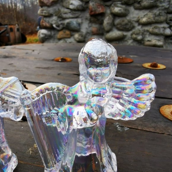 Pair of Iridescent Glass Angels Cherubs Playing Instruments Candle Holders - Picture 8 of 16